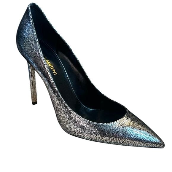 Saint Laurent Anja Silver Metallic Point Toe High Heels Size 39.5 EUC - Picture 1 of 9